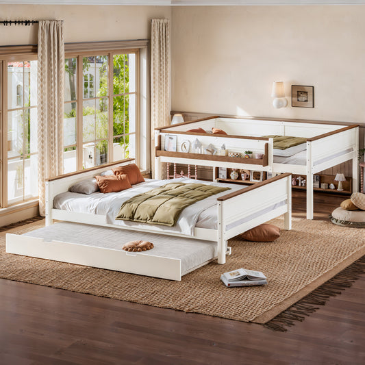 Queen over Queen Wood Bunk Bed with Pull-out Trundle Bed, Side Storage Shelf, Detachable Bunk Bed Frame, Convertible Into 2 Separate Beds for Kids Teens Adults, Beige&Natural