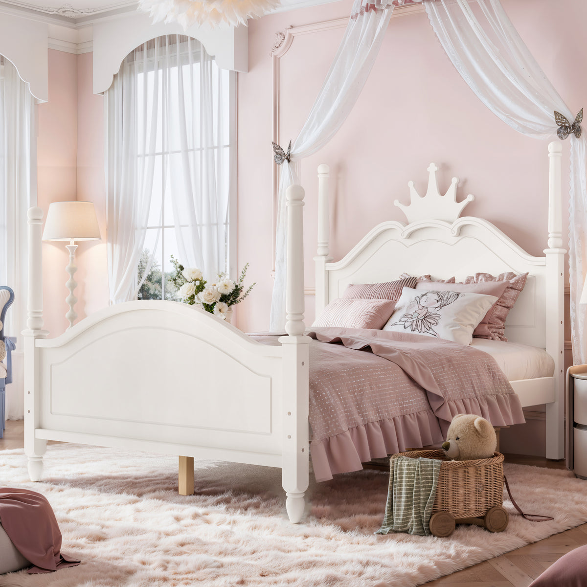 Full Size Crown Shaped Platform Bed, Four Poster Stylish Wooden Bed Frame, Elegant Curved Headboard Bed Frame For Bedroom,Beige