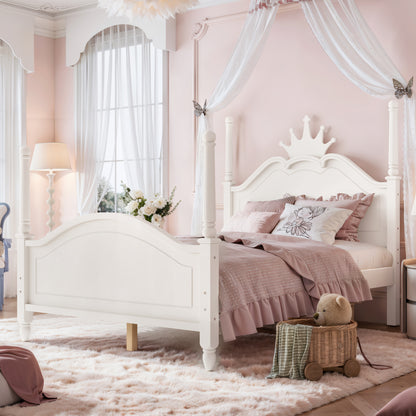 Full Size Crown Shaped Platform Bed, Four Poster Stylish Wooden Bed Frame, Elegant Curved Headboard Bed Frame For Bedroom,Beige