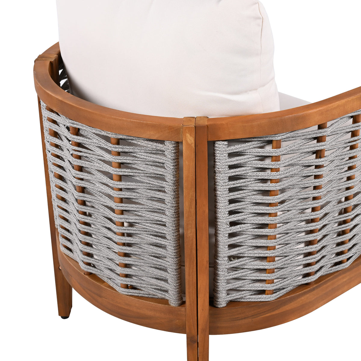Outdoor Unique Tub Design Armchair with Woven Rope, Patio Furniture Acacia Wood Chair,  Deep Seating with Soft Cushions for Porch, Garden, Backyard, Balcony, Teak Finish & Beige Cushion