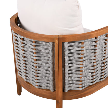 Outdoor Unique Tub Design Armchair with Woven Rope, Patio Furniture Acacia Wood Chair,  Deep Seating with Soft Cushions for Porch, Garden, Backyard, Balcony, Teak Finish & Beige Cushion