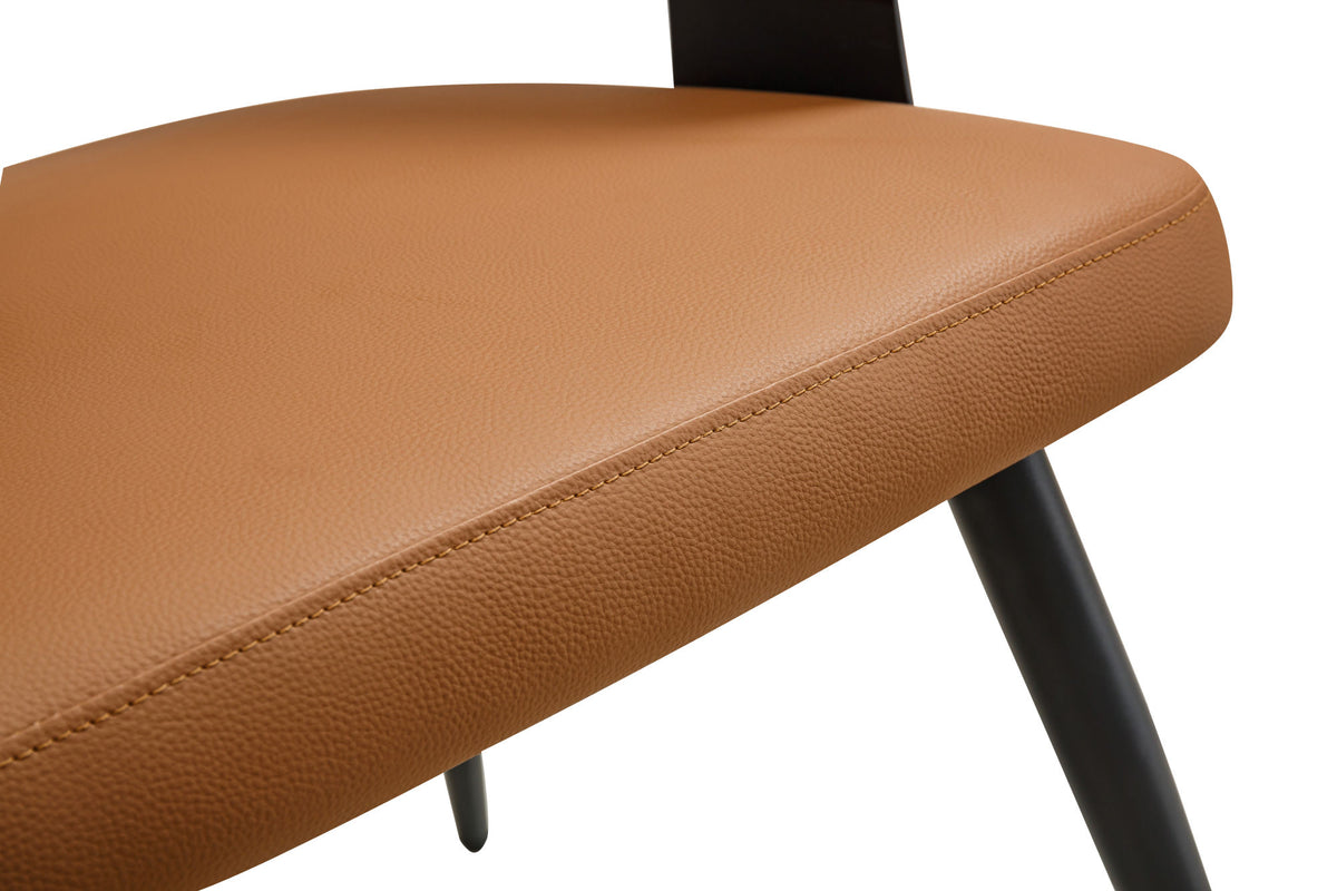 Modern Kitchen Dining Chair Set (2-piece set), brown faux leather soft cushion, curved wrap-around backrest, reinforced metal frame with sturdy black metal legs, easy to clean, suitable for home kitch