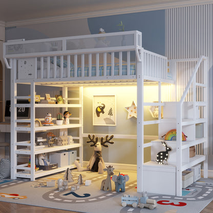 Full Loft Bed with 4 Shelf Storage Rack and Charging Station,Metal Full Loft Bed with Stairs Storage for Kids Teens, Patent Products,White(Old skuW2580S00075)
