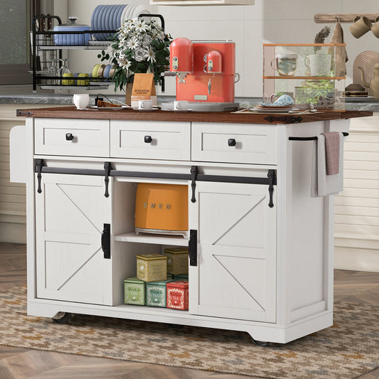 K&K 53.7" Farmhouse Kitchen Island with Power Outlet, 2 Sliding Barn Door Kitchen Storage Island with Drop Leaf – Model N707S170347W