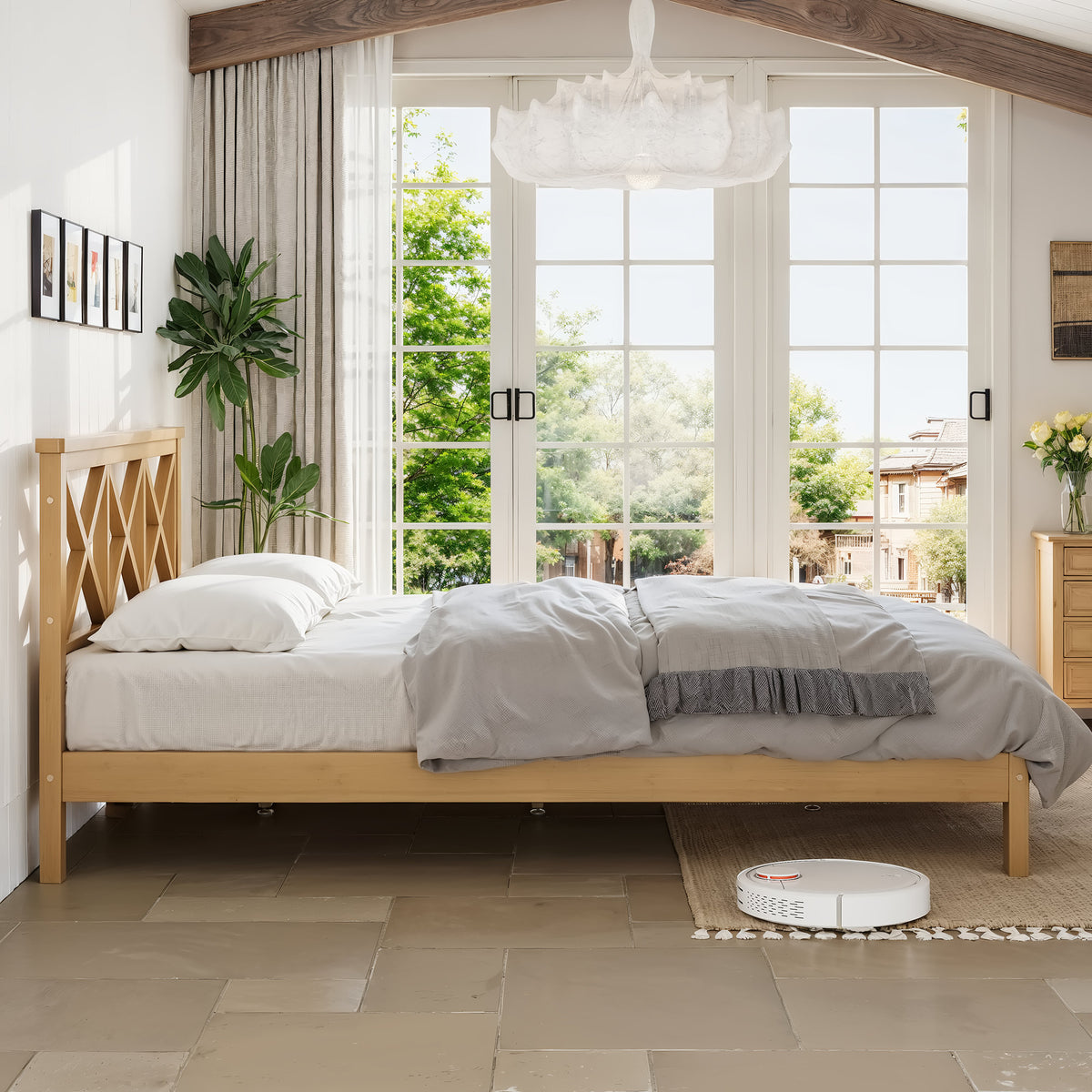 Queen Platform Bed with ''X'' Design Headboard, Bamboo-made Bed Frame Queen Size with Suppport Slats, Mid-century Style, Natural