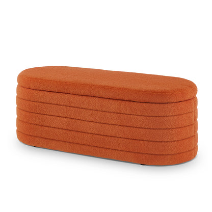 Modern Oval Storage Ottoman Bench, Upholstered Boucle Teddy Fabric End of Bed Bench with Storage, End of Bed Stool with Safety Hinge, Orange