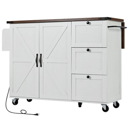 K&K 54.5" Farmhouse Kitchen Island with Power Outlet, Kitchen Storage Island with Internal Storage Rack, Drop Leaf, Spice Rack