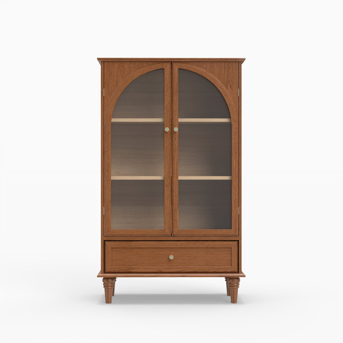 Vintage Farmhouse Arched Glass Accent Cabinet, MDF Real Wood Veneer Display Storage Cabinet with Solid Wood Legs, Adjustable Shelves & Drawer, Antique Glaze Finish