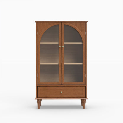 Vintage Farmhouse Arched Glass Accent Cabinet, MDF Real Wood Veneer Display Storage Cabinet with Solid Wood Legs, Adjustable Shelves & Drawer, Antique Glaze Finish