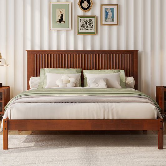 Queen Size Solid Rubber Wood Bed with Wave-Styled Headboard,Central Support Beams and Reinforced Platform Feet,Walnut
