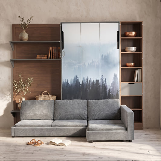 Twin Murphy Bed with Storage Cabinet, Open Shelving & USB Port, Large Sofa Front, Mountain Landscape Printed Panel, Space-Saving Wall Bed for Bedroom, Guest Room & Apartment-Gray