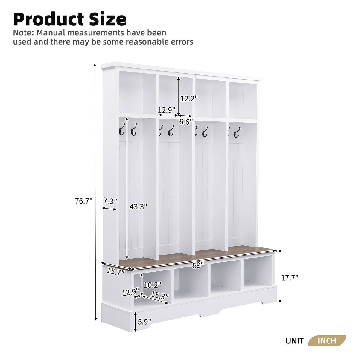 Farmhouse Hall Tree with 8 Hooks, Practical Entryway Bench with Open Compartments, 76.7"H Modern 3-in-1 Wooden Style Coat and Shoe Rack for Mudroom, Living Room, White (OLD SKU: N721S000075K)
