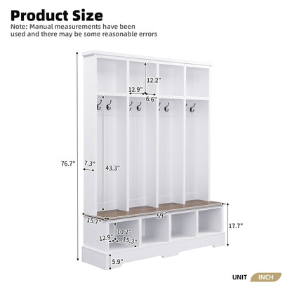 Farmhouse Hall Tree with 8 Hooks, Practical Entryway Bench with Open Compartments, 76.7"H Modern 3-in-1 Wooden Style Coat and Shoe Rack for Mudroom, Living Room, White (OLD SKU: N721S000075K)
