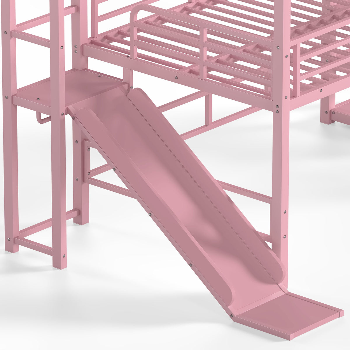 Full House Loft bed with Slide and Stairs, Metal Playhouse Bed with Storage Shelves, House-shaped Roof and Noise-free Design, Pink