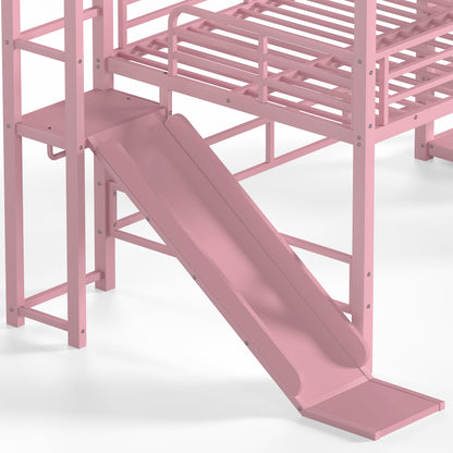 Full House Loft bed with Slide and Stairs, Metal Playhouse Bed with Storage Shelves, House-shaped Roof and Noise-free Design, Pink
