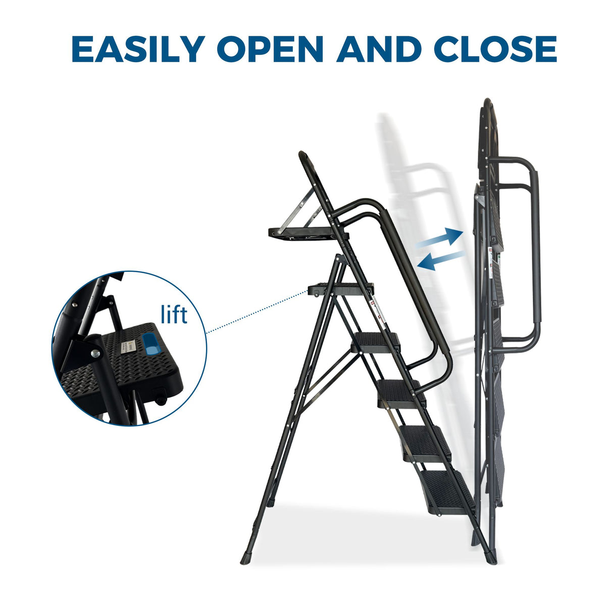 Step Ladder, Folding Step Stool with Wide Anti-Slip Pedal, Sturdy Steel Ladder, Convenient Handrail, Lightweight, Portable Steel Step Stool