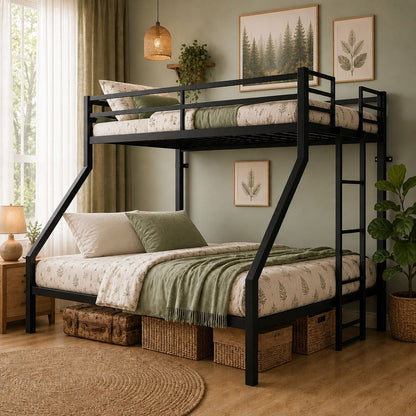 Heavy Duty Twin over Queen Metal Bunk Bed with 1200 LBS Capacity, Noise-Free Structure with Wall Mount & Anti-Slip Ladder