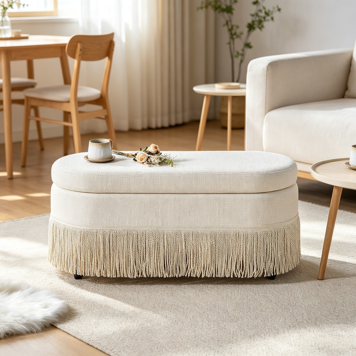 Oval Upholstered Storage Ottoman with Fringe Trim & Lift-Top Lid - 39"L x 16"W x 17"H, Multi-Functional Footrest & Hidden Storage for Living Room or Bedroom - Beige Fabric with Metal Frame