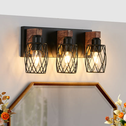 18' Industrial Vintage 3-Light Wall Sconce - Black Cage Wall Lighting Fixture with Wooden Accents for Bathroom, Hallway, or Living Room (Bulb Not Included)