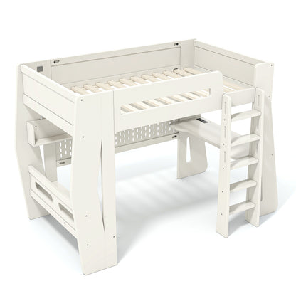 Twin/Full Size Gaming Loft Bed, All-in-One Gaming Bed with Desk, Gaming Bed with Storage, Gaming Loft Bed with Led Light, Esports Style Loft Bed Frame for Teens, Space Saving Loft bed.Beige