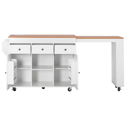 K&K 85.5" Kitchen Island with Extendable Dining Table, Kitchen Storage Table with 3 Side Open Shelves – White