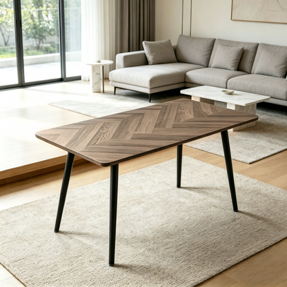 Modern minimalist MDF wood color desktop, black metal legs, small sized dining table, computer desk, office desk, kitchen table