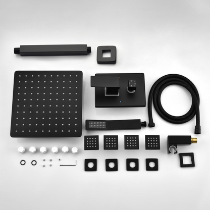 Shower System, 10-Inch Matte Black Full Body Shower System with Body Jets, Square Rainfall Shower Head, Handheld Shower, and Pressure Balance Shower Valve, Bathroom Luxury Faucet Set