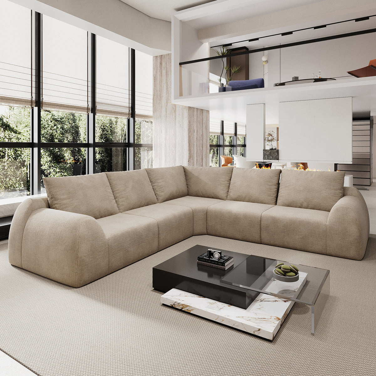 105' V Shaped Modular Cloud Sectional Sofa 5 Seats, Vacuum Compressed Couch, No Assembly Required, Oversized Fabric Sofa for Living Room, Khaki