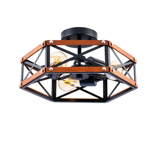 Rustic Farmhouse Wood Flush Mount Ceiling Light Fixture 14.57 inch Wood and Metal Cage Semi Flush Mount Ceiling Light for Hallway Entry Dining Farmhouse Bedroom Living Room,--Matte Black