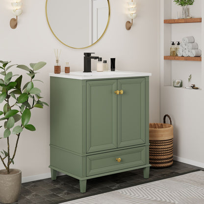 27.8" Modern Bathroom Vanity Set with Reinforced Legs & Painted Surface, Mid-Century Freestanding Bathroom Vanity Sink with Storage, High-end Restroom Vanity Cabinet with Drawer& Hidden Storage Shelvs