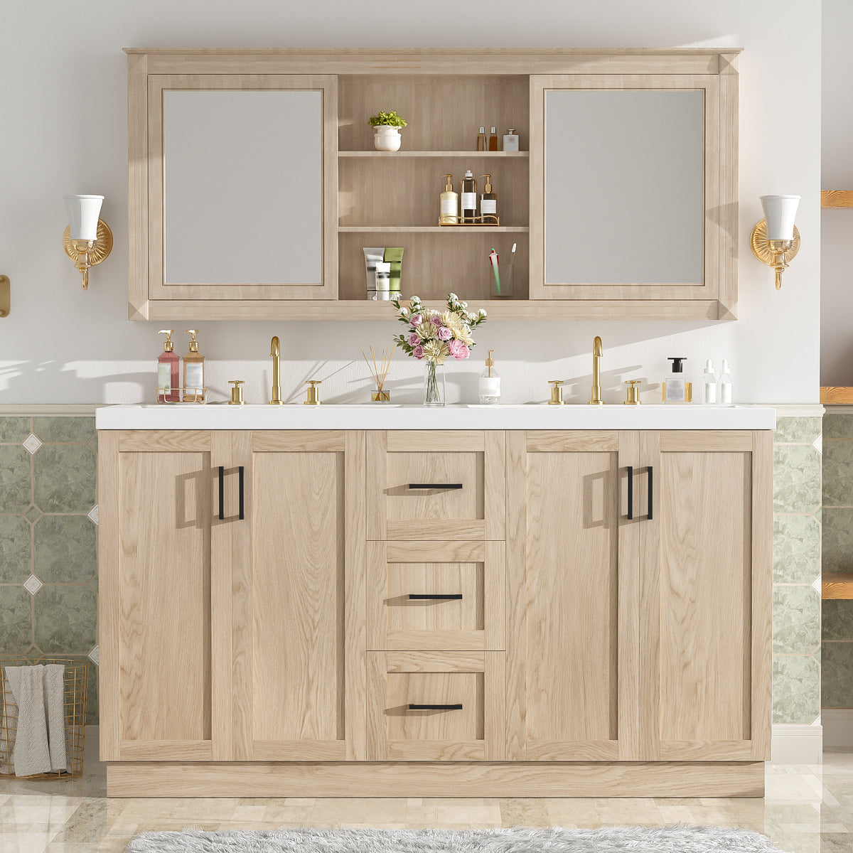[Viedo]59' Double Sink Bathroom Vanity with SMC Sink, 4 Doors & 3 Drawers, Modern Wood Grain MDF Vanity Cabinet with Adjustable Shelves, Soft-Close Doors & Hidden Slides