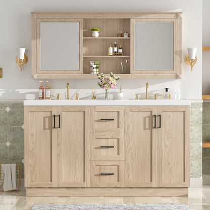 [Viedo]59' Double Sink Bathroom Vanity with SMC Sink, 4 Doors & 3 Drawers, Modern Wood Grain MDF Vanity Cabinet with Adjustable Shelves, Soft-Close Doors & Hidden Slides