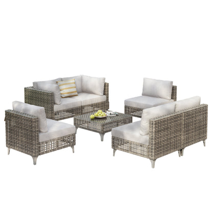 K&K 7-Piece Wicker Patio Furniture Set, Outdoor Conversation Set Sectional Sofa with Water Resistant Grey Thick Cushions and Coffee Table