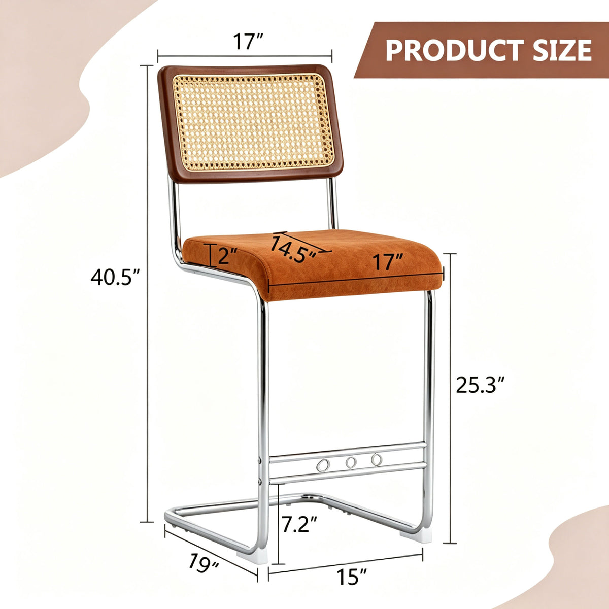 Natural Woven Bar Stool 2-Piece Set with Solid Wood Backrest 25 Inches Medieval Modern Style Counter Stool Coffee Color Velvet Kitchen Stool Chrome Metal Legs.