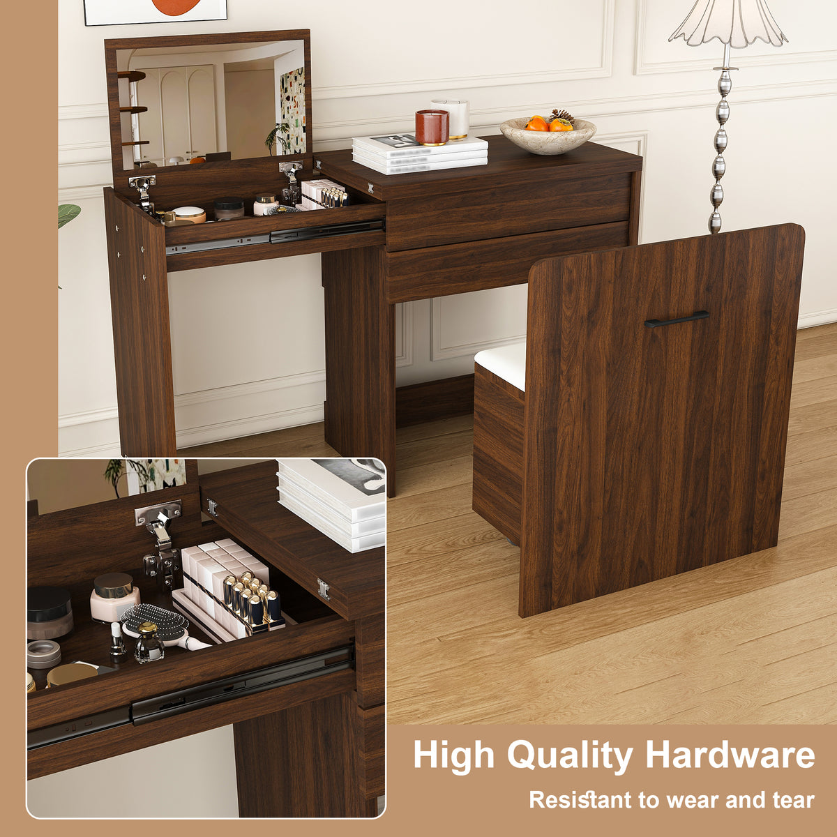 Multi-functional stretching desk, 47-inch foldable desk, makeup table with mirror, has 3 usage modes, equipped with storage function stool, suitable for bedroom, apartment (Walnut)