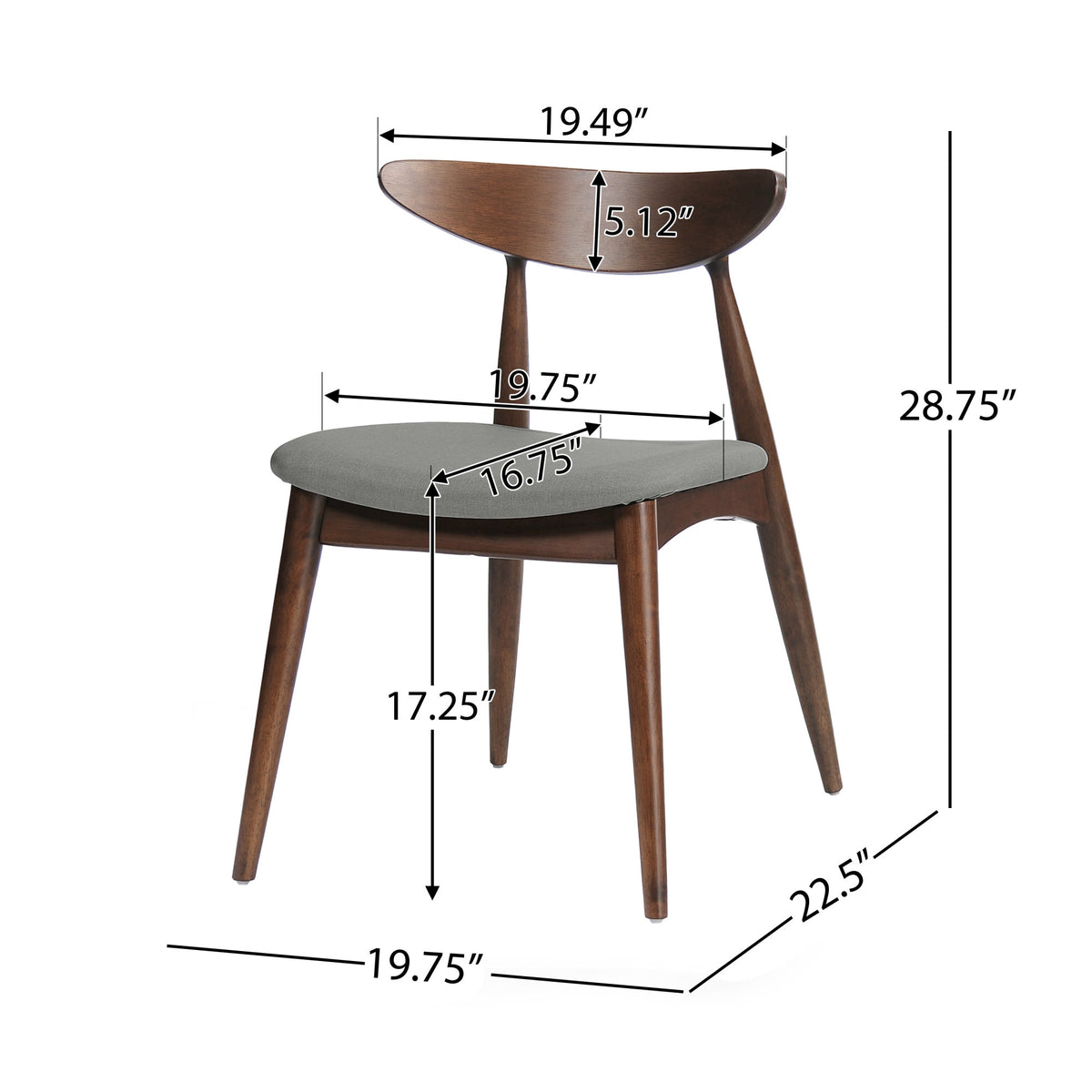 Set of 2 Retro Rubberwood Dining Chairs with Ergonomic Back & Plush Cushions in Walnut and Light Gray, Solid Rubberwood Frame with TSCA-Certified Foam Seats