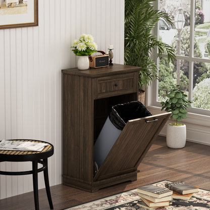 10 Gallon Tilt Out Trash Cabinet Freestanding Trash Bin Cabinet Wood Garbage Recycling Cabinet with Hideaway Drawer Pet Proof Trash Can Holder for Kitchen Living Room, Antique Brown (not include can)