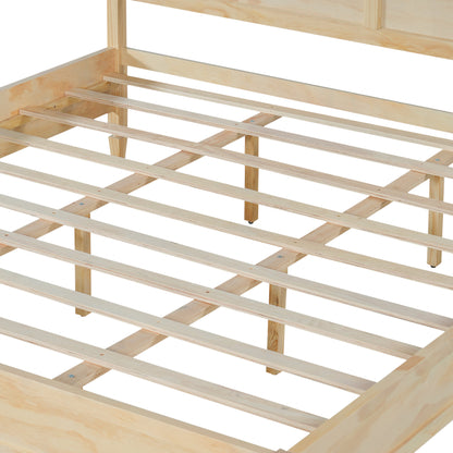 King Size Wood Platform Bed Frame with Classic Panel Headboard, Natural Finish, Solid Wood and MDF Construction, 10 Wooden Slats, No Box Spring Needed