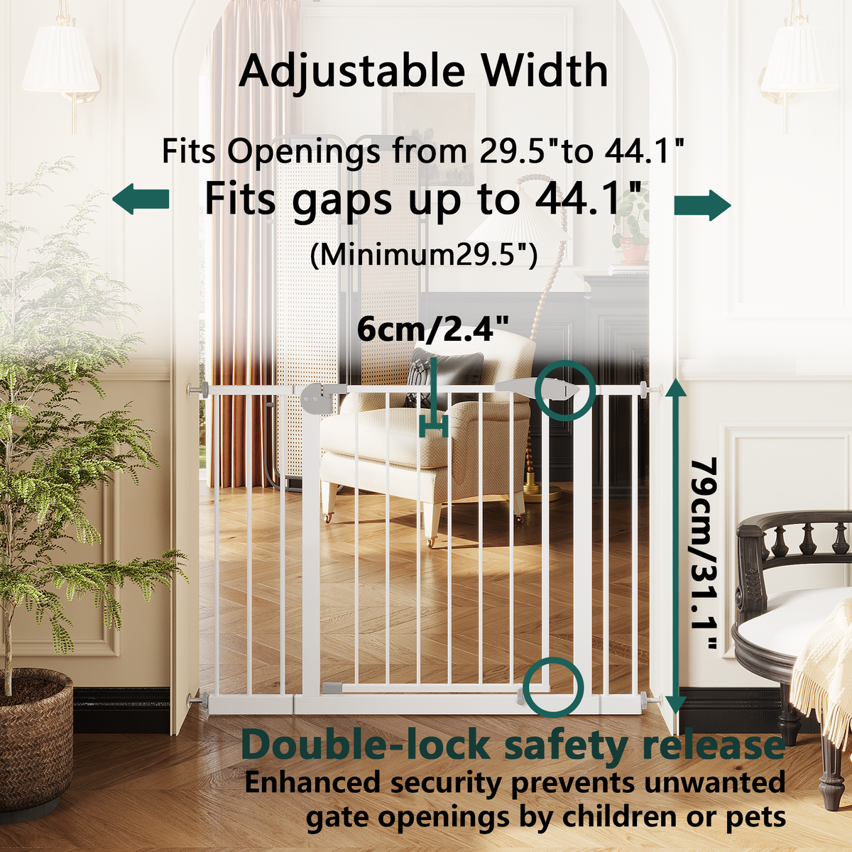 29.5-44.1" Wide Baby Gate for Stairs, Dog Gate Indoor for Doorways, No Drilling Pressure Mounted Pet Gates for Kids, Easy Walk Through Safety Gate, White