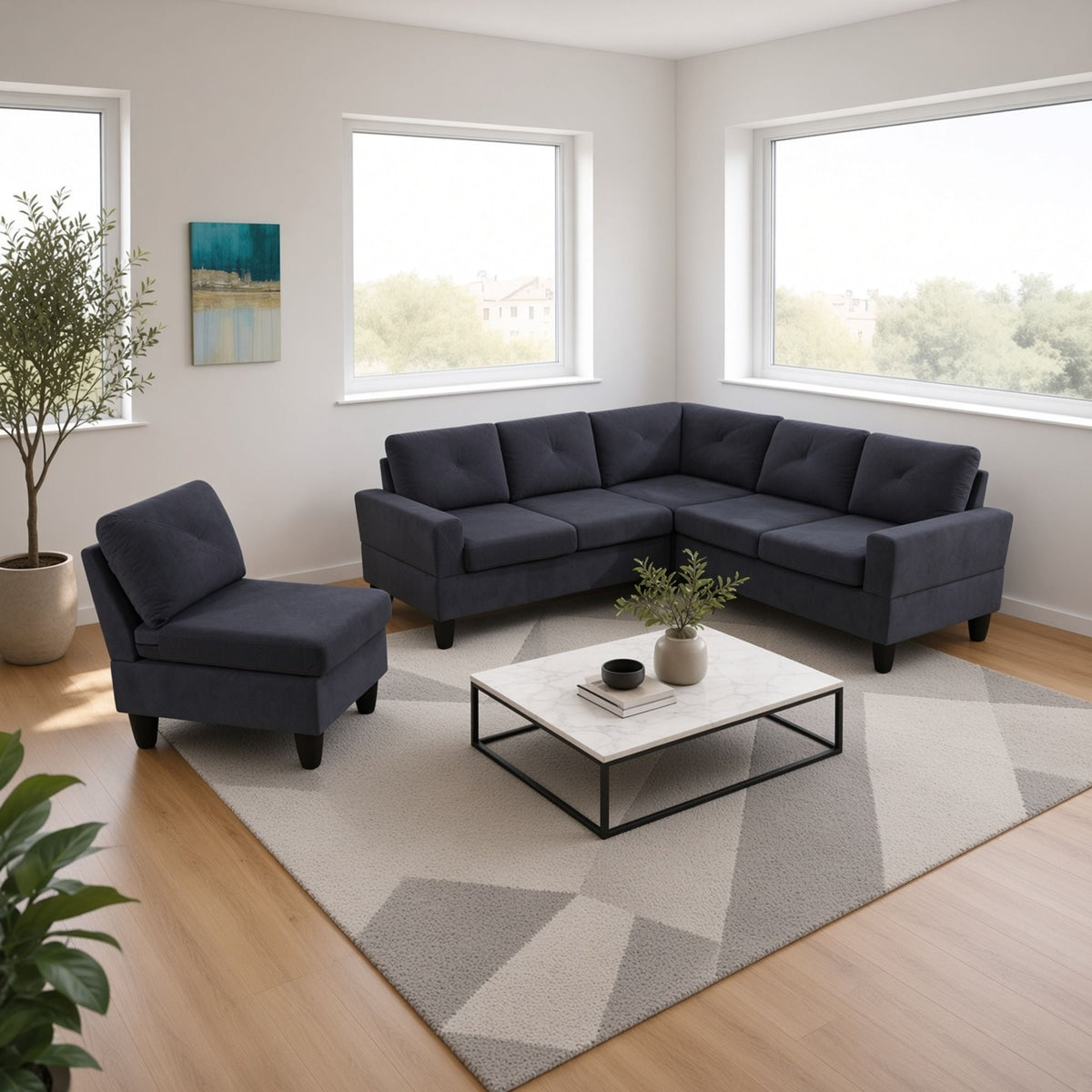 95.5 x 75 Inches Width Dark Grey Modular L-Shaped Sectional Sofa 6-Seater 4-Piece Massa Flannel Fabric Couch with Chaise