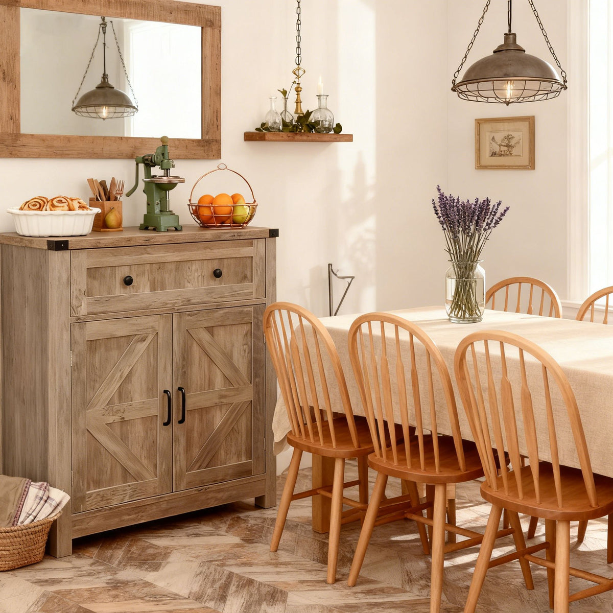 Light Gray-Washed Wood Farmhouse Barn-Door Storage Cabinet, Coffee Bar Buffet Sideboard with Drawer