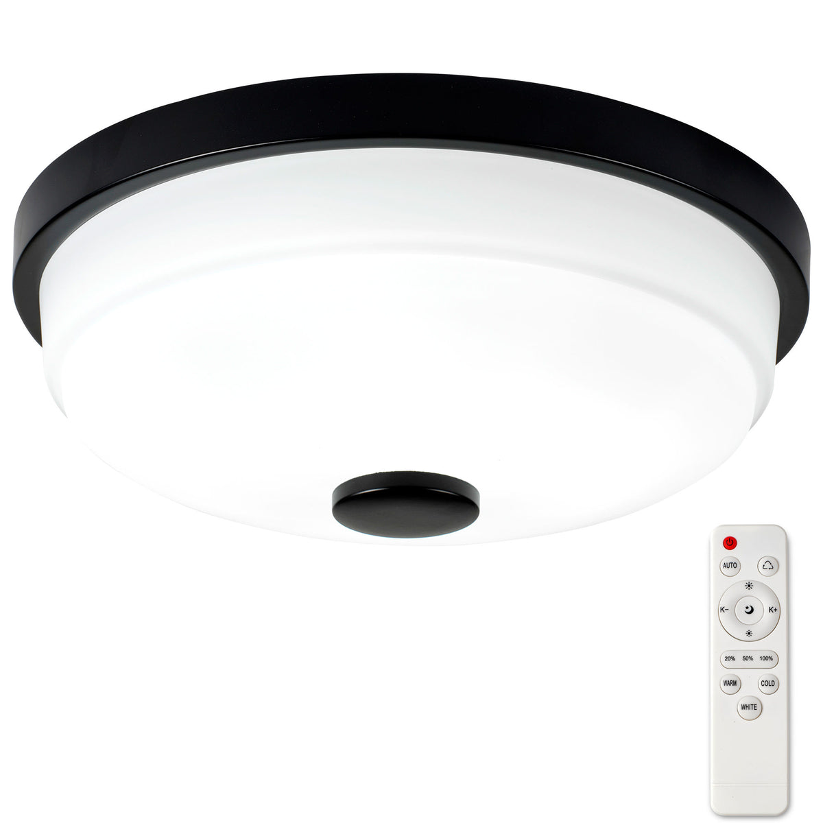 10.83" 2-Pack Flush Mount LED Ceiling Light, Black, 15W Dimmable with Remote Control, Metal Base & Glass Shade, CRI>90
