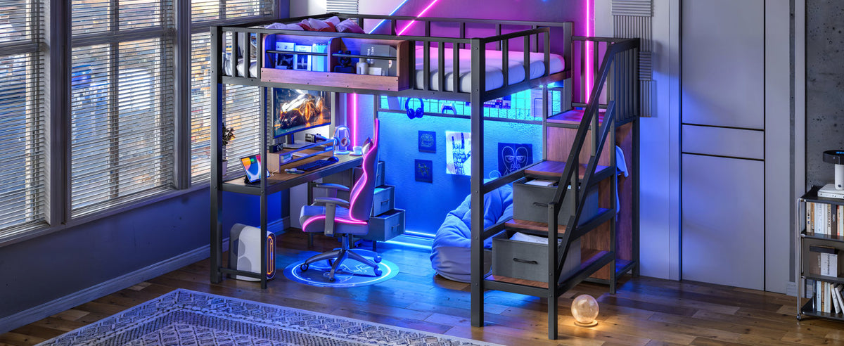 Full Size Loft bed with desk, Heavy Duty save space Loft Bed with Drawers & Storage Stair, All-in-One Metal Frame Multi-Functional Loft Bed for Teens Adults, Black
