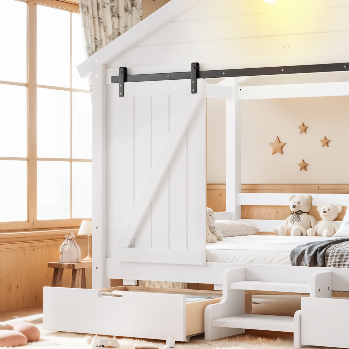 Twin Size Farmhouse Bed with Sliding Barn Door and Light Bulb, Wood house Bed Frame with Stair and Drawers, White
