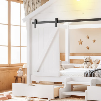 Twin Size Farmhouse Bed with Sliding Barn Door and Light Bulb, Wood house Bed Frame with Stair and Drawers, White