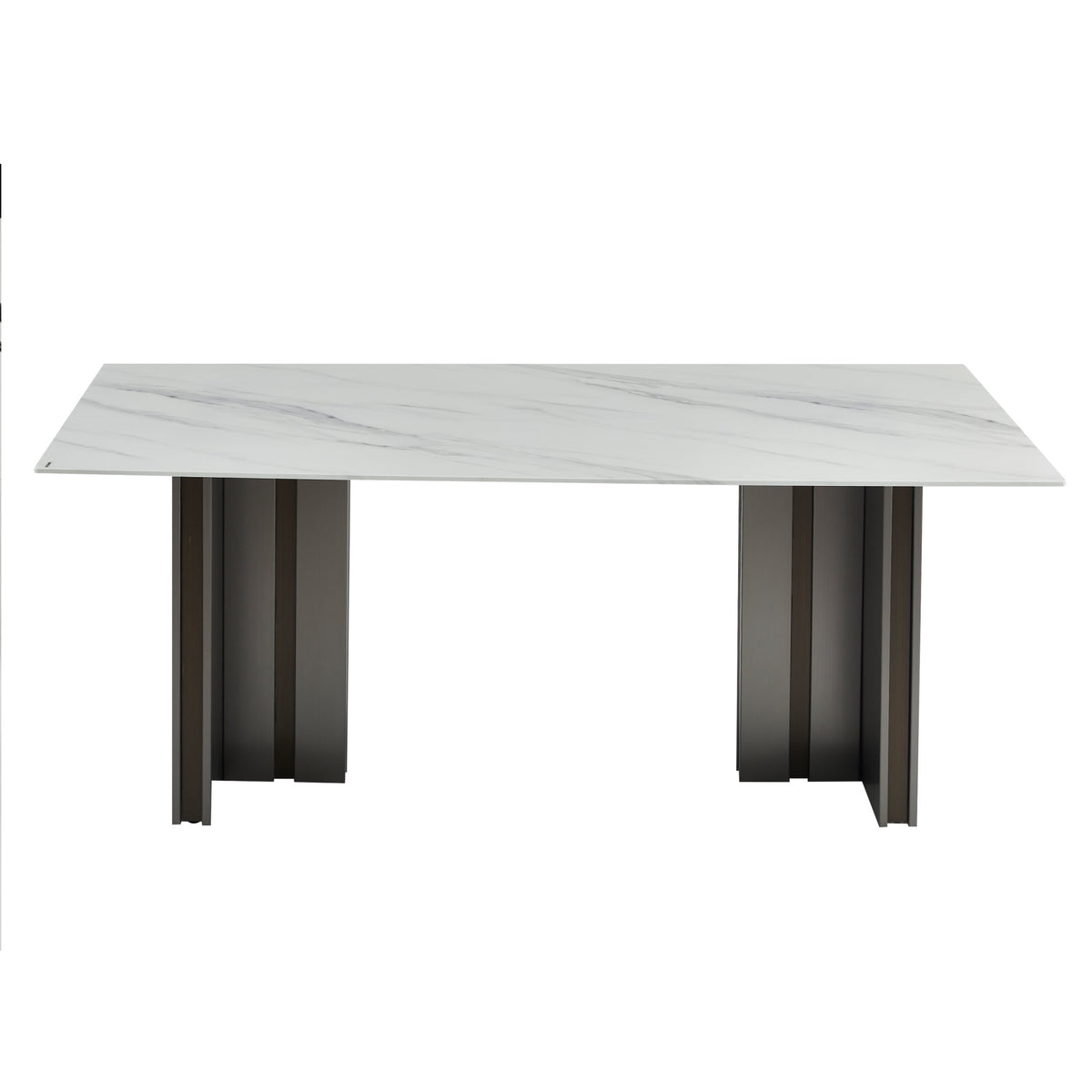 Modern Rectangular Dining Table, Tempered Glass with Marble Texture Top, Matte Gray Brushed Metal Legs, 4-6 Person Capacity, White Marble Finish, 69.30 Inch