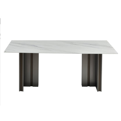 Modern Rectangular Dining Table, Tempered Glass with Marble Texture Top, Matte Gray Brushed Metal Legs, 4-6 Person Capacity, White Marble Finish, 69.30 Inch