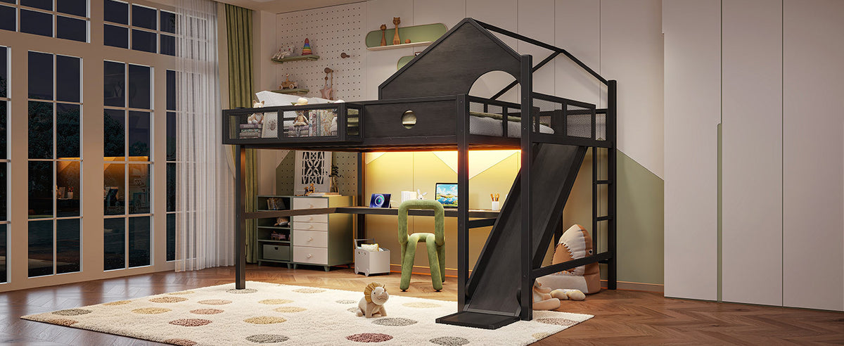 Queen Size Multifunctional Loft Bed with Slide, Desk,and Storage Shelves, Metal Loft Bed Frame With USB Ports And Led Lights, Triangular Geometry House Design, Black