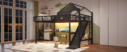 Queen Size Multifunctional Loft Bed with Slide, Desk,and Storage Shelves, Metal Loft Bed Frame With USB Ports And Led Lights, Triangular Geometry House Design, Black