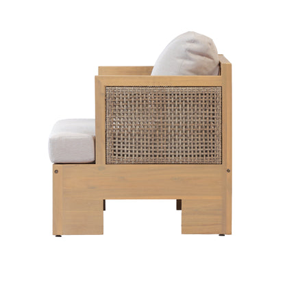 Acacia wood and rattan-woven armrests outdoor club chair with a deep seat and soft cushion, suitable for gardens, backyards, porches, and balconies,Set 2(Light Teak+Light Brown Wicker+Beige Cushion).